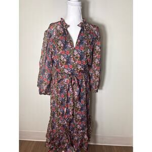 Shoshanna Multicolor Floral Long Sleeve V-Neck Flowy Midi Dress Sz 8